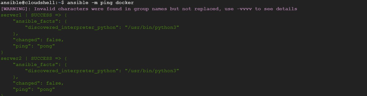 Result of using ping ansible module on group.