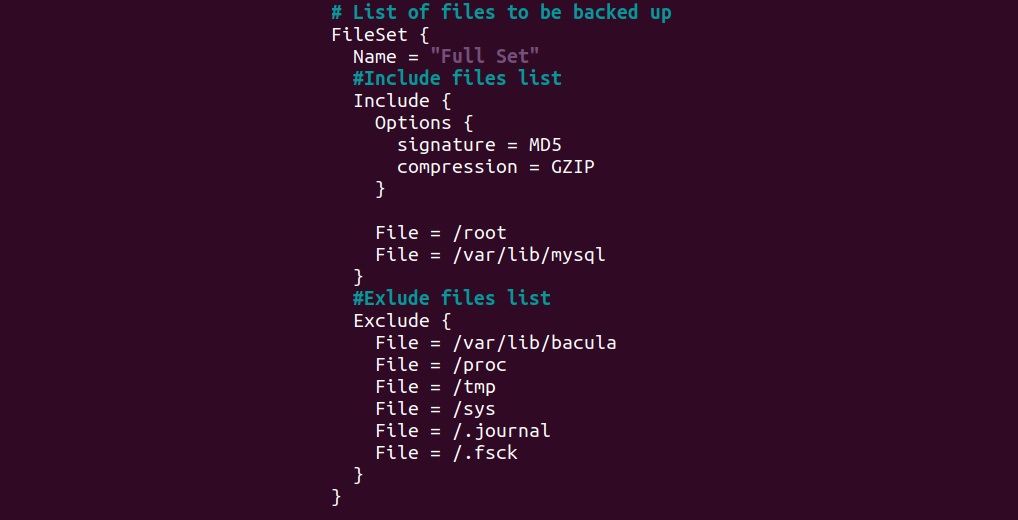 configuration du Fileset Full Set l'aide du fichier de configuration bacula-dir.conf, outil devops d'automatisation de backups