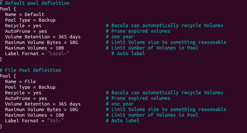 configuration des Pools à l'aide du fichier de configuration bacula-dir.conf, outil devops d'automatisation de backups