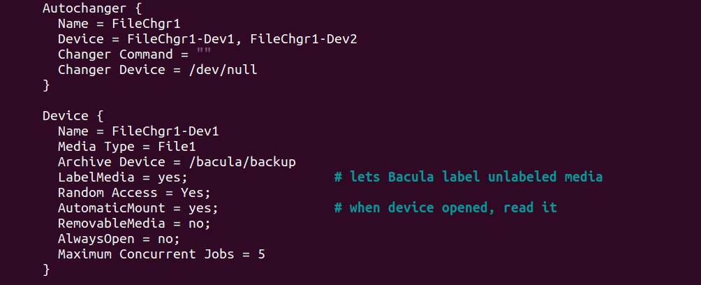 configuration du device à l'aide du fichier de configuration bacula-sd.conf, outil devops d'automatisation de backups