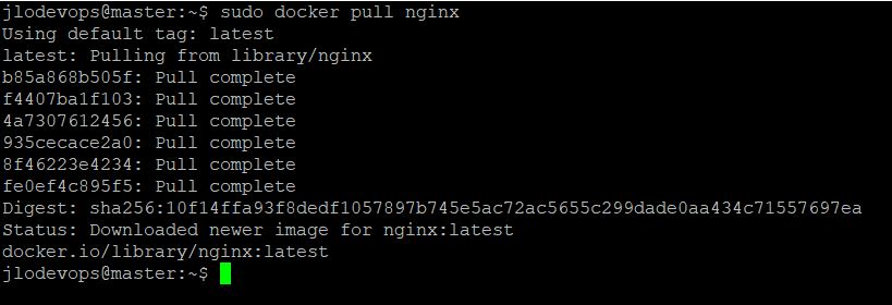 résultat de la commande docker pull nginx, outil devops de conteneurisation de services et d'applications.