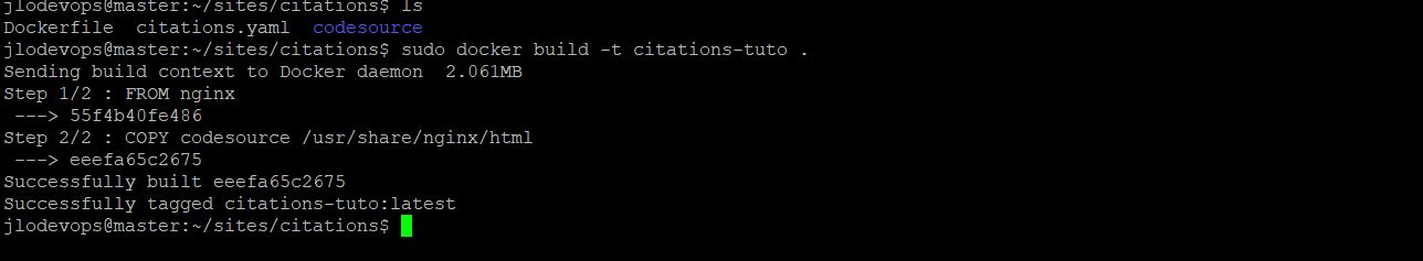 Résultat de la commande docker build pour la création d'une iage docker de mon site web citations.