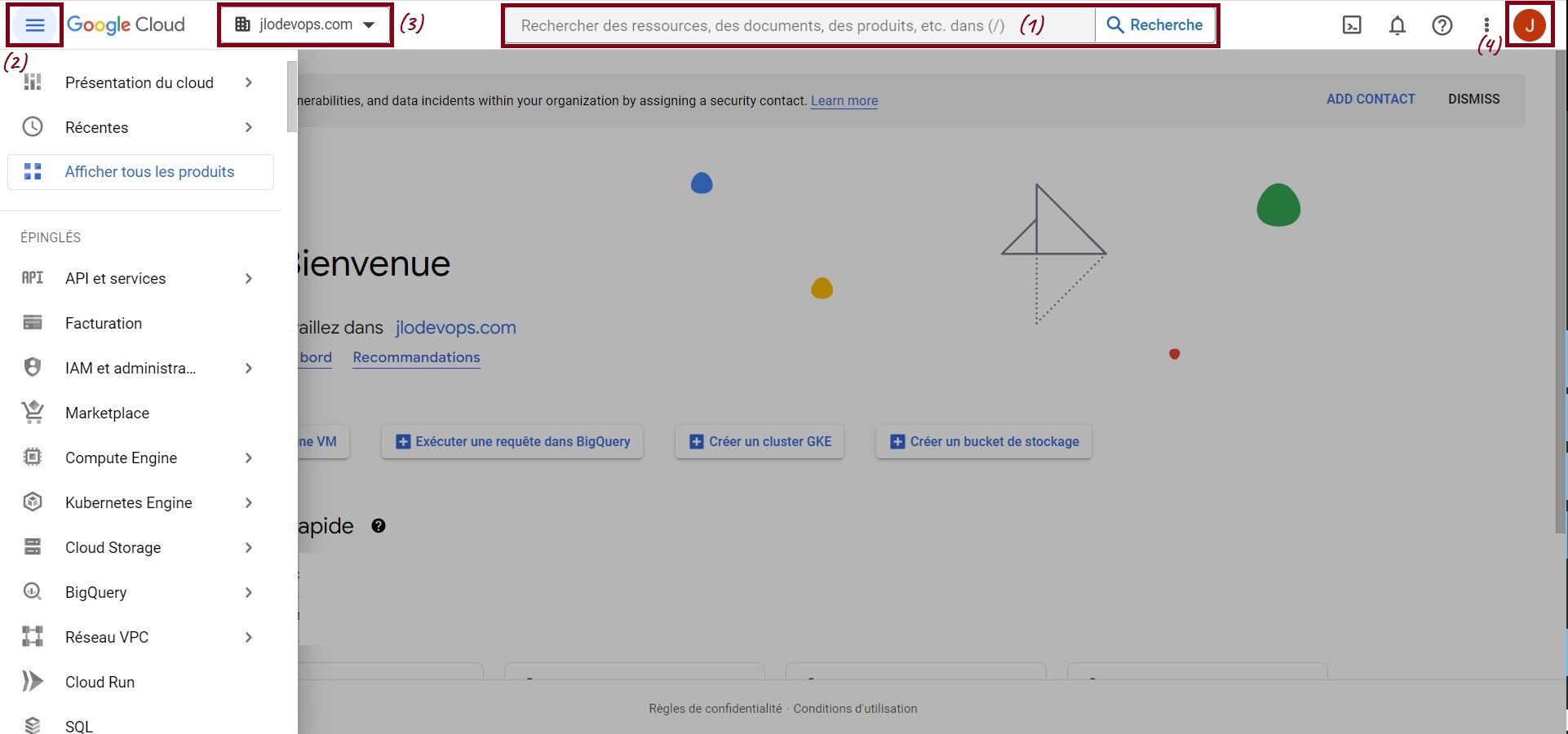 Interface web de GCP, cloud google qui va de pair avec nos outils devops.