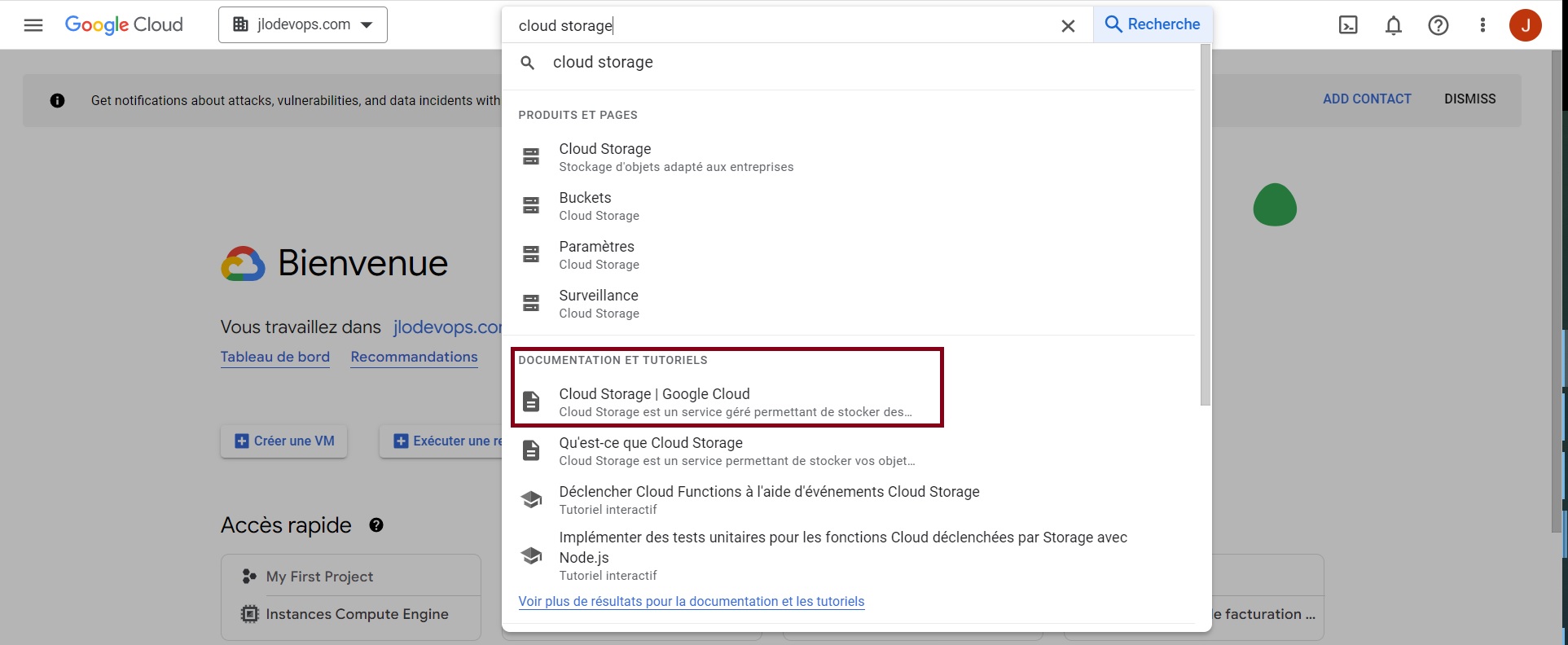 Interface web de GCP, recherche du service cloud storage, cloud google qui va de pair avec nos outils devops.