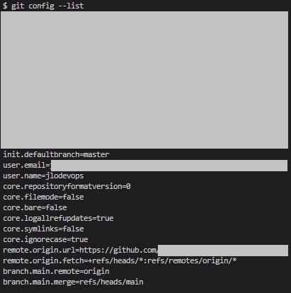 Image de la commande en cli 'git config --list' de l'outil devops github.