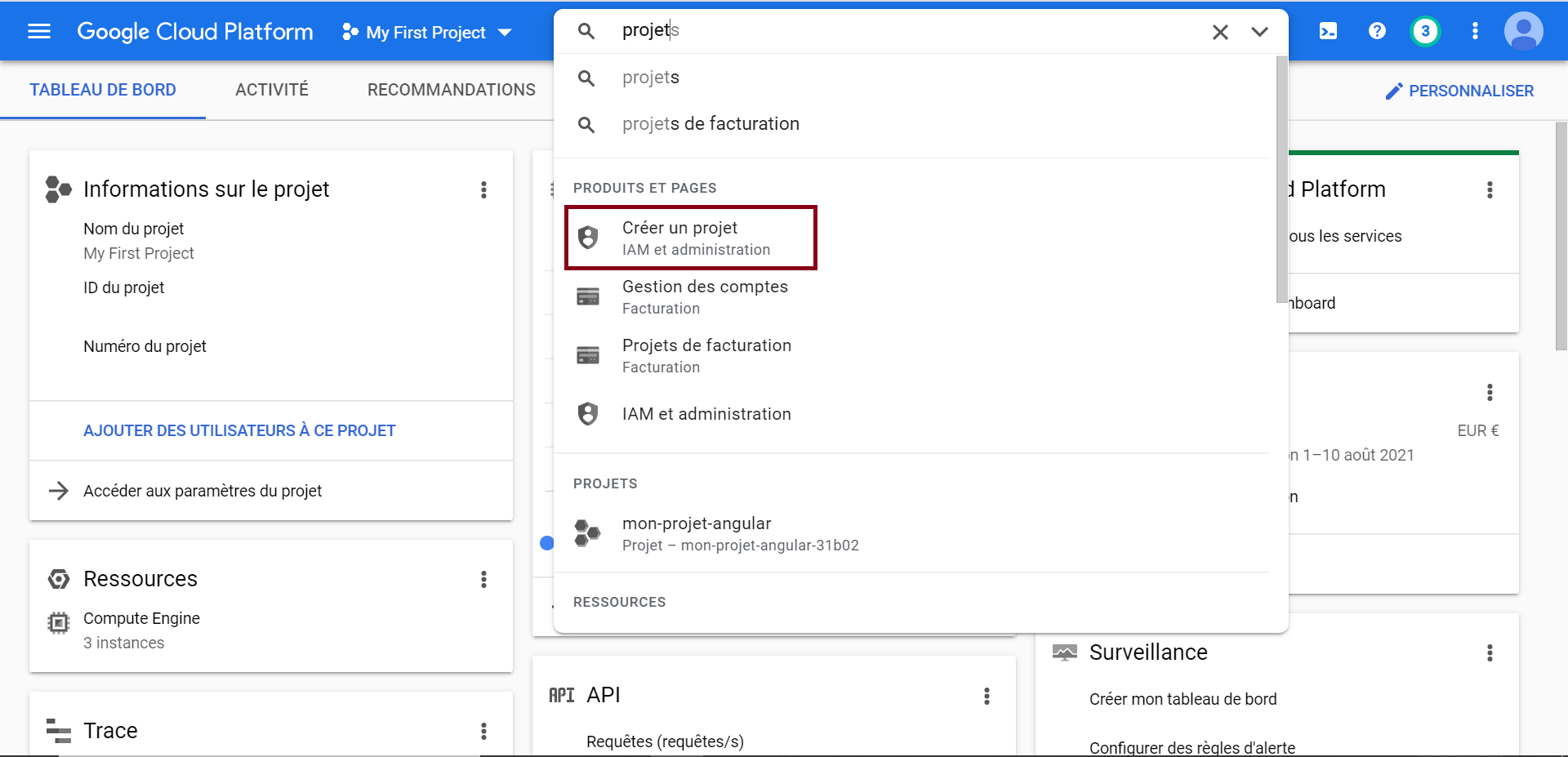 création de projet sur le provider cloud GCP (Google Cloud Platform)