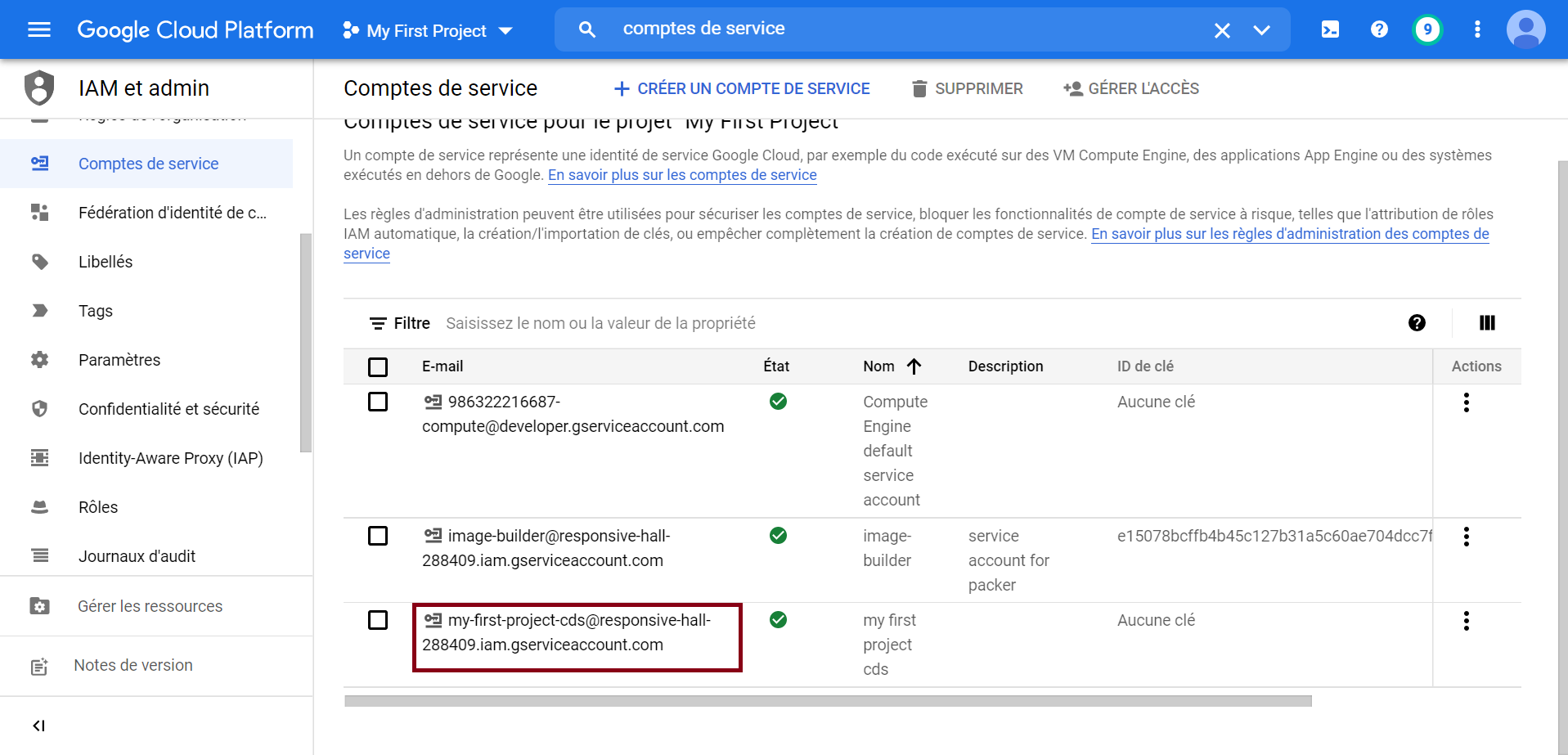 Création d'un compte de service sur le provider cloud GCP (Google Cloud Platform)