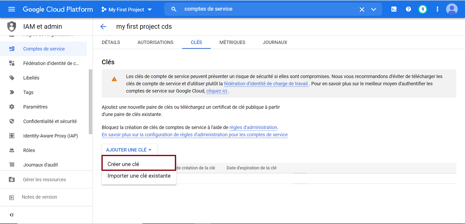 Création d'un compte de service sur le provider cloud GCP (Google Cloud Platform)