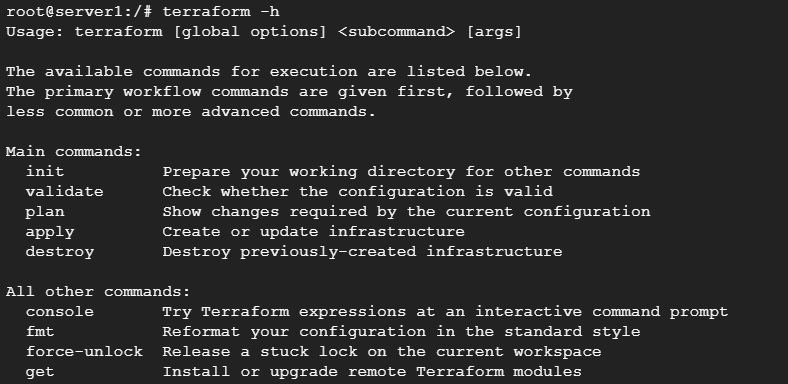 Résultat de la commande 'terraform -h'.