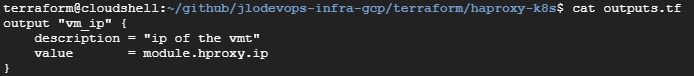 Resultat de la commande d'affichage du fichier outputs.tf du projet.